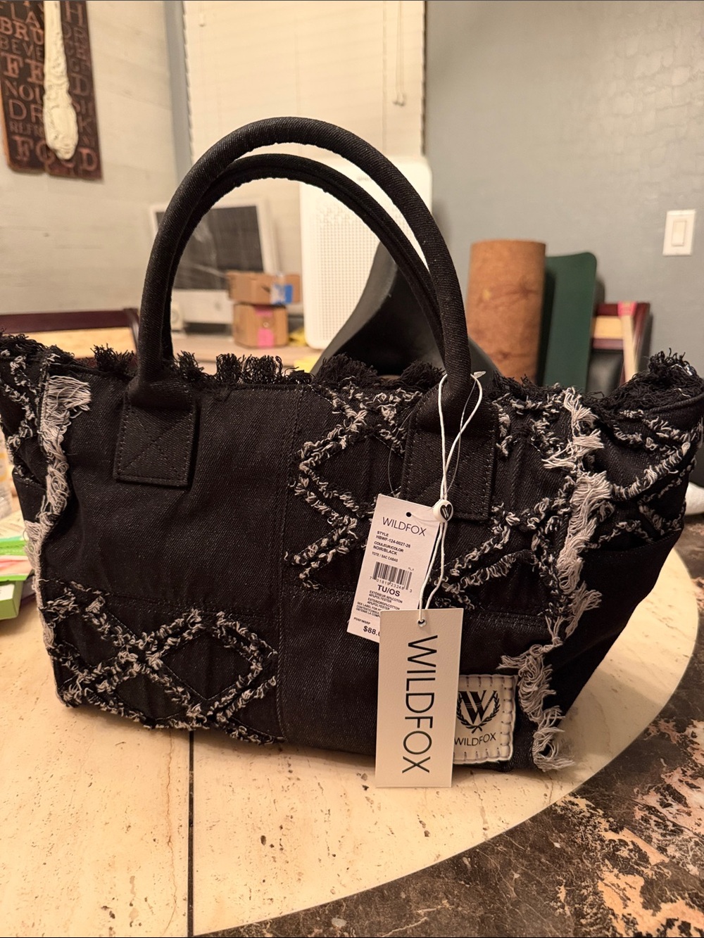 Wildfox Black Denim Fringe Tote with Contrast Frayed Detail & Crossbody Strap